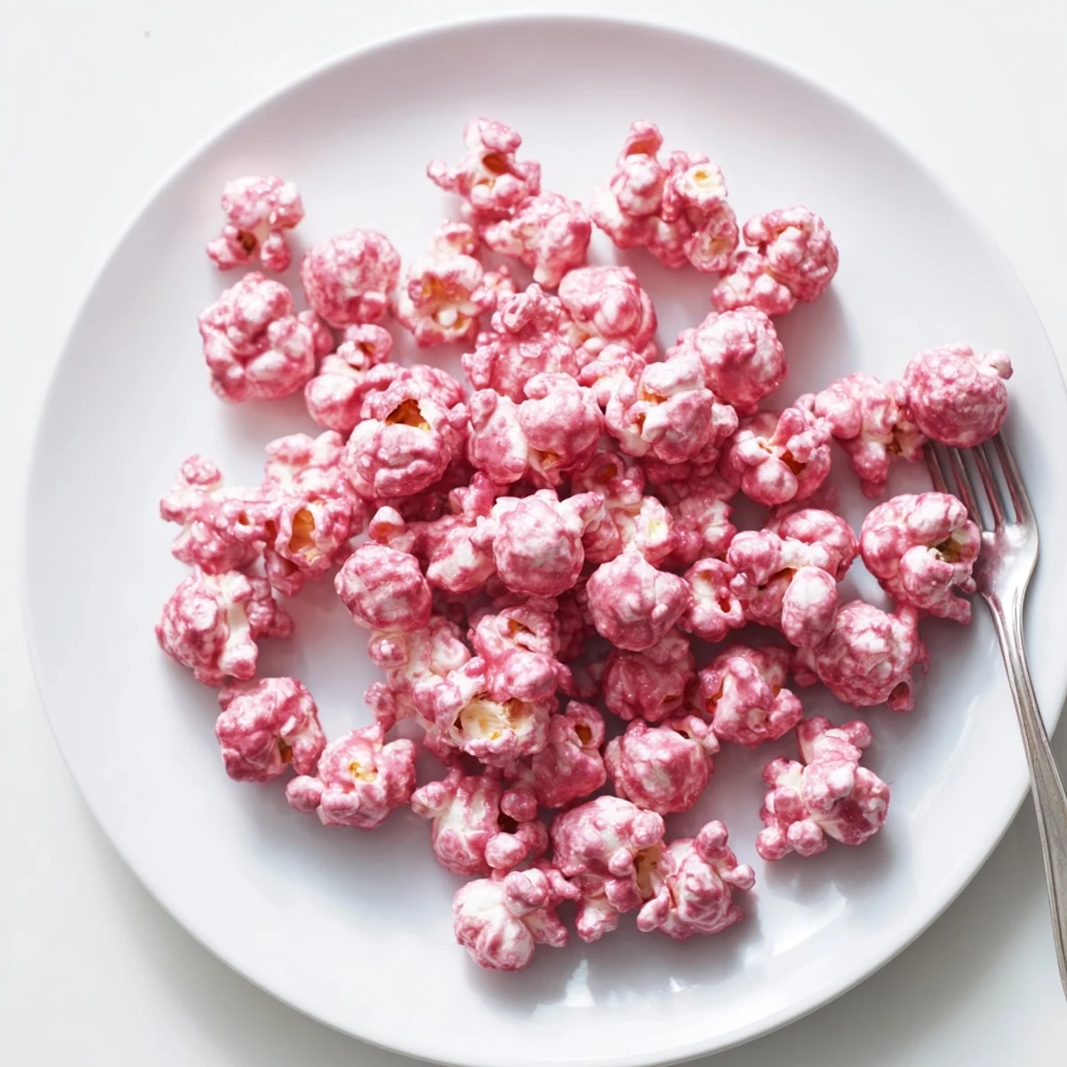 Clustered pink popcorn dessert with crunchy kernels and sugary pink glaze close up view