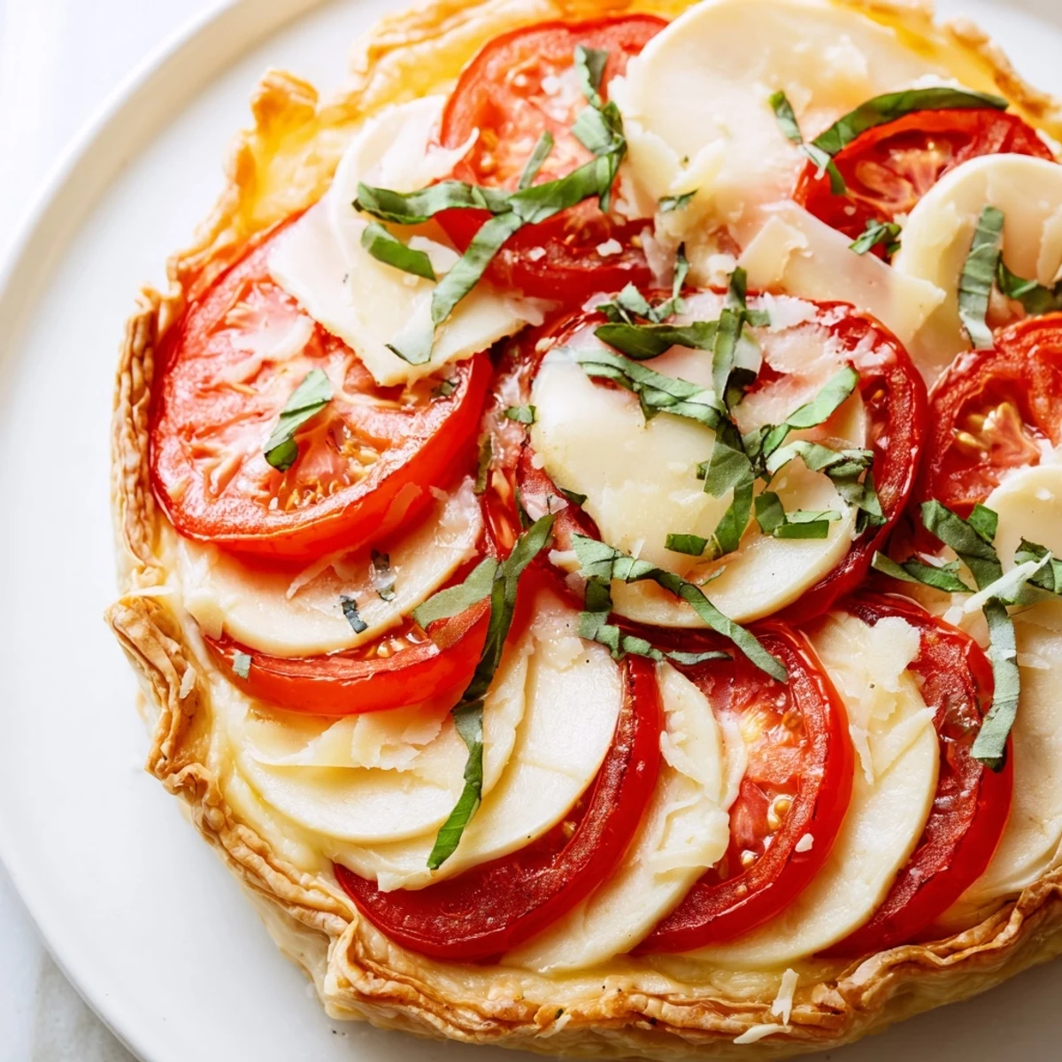 Golden savory tomato basil tart featuring layered mozzarella and ripe tomatoes on flaky puff pastry