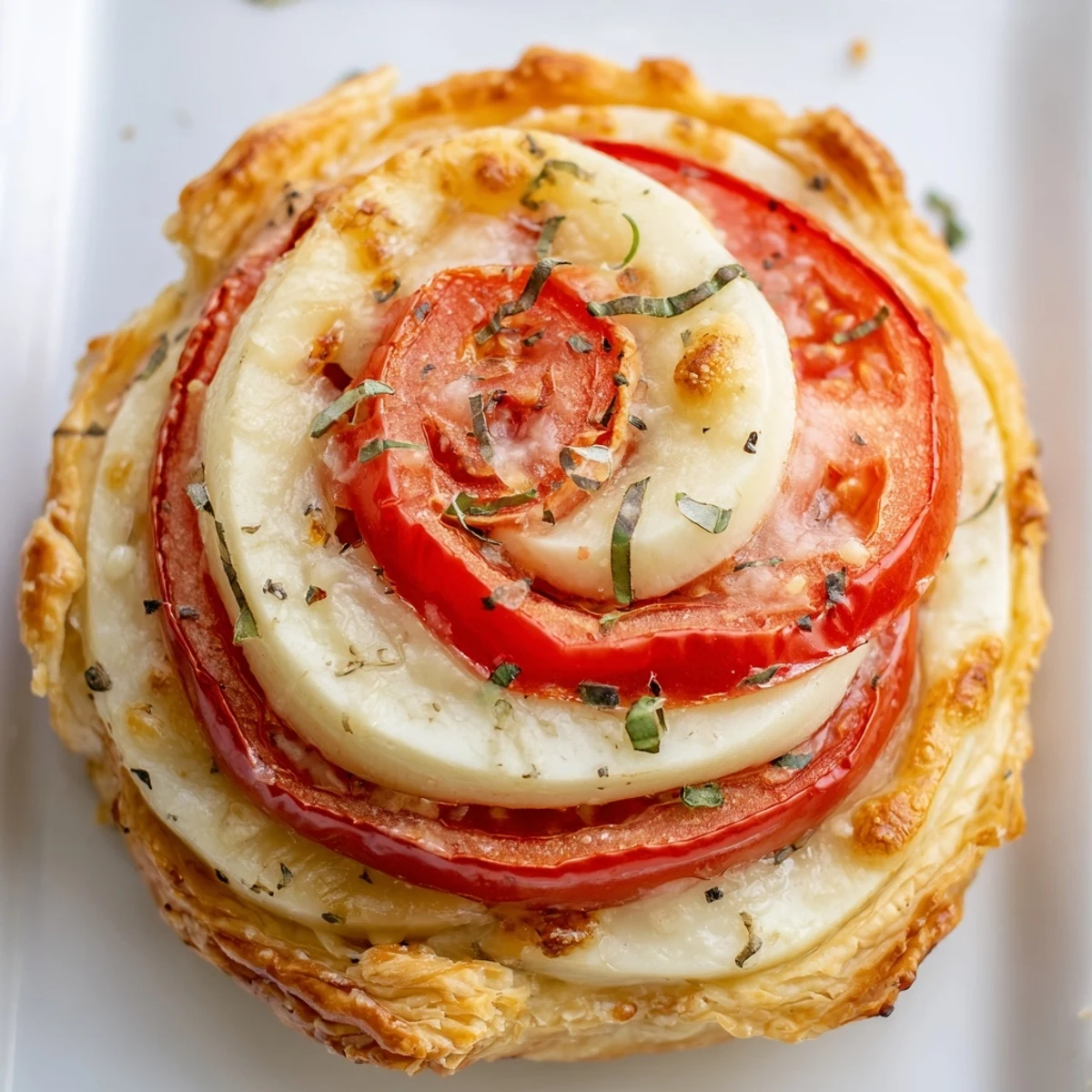Savory tomato basil tart slices arranged with melted cheese and fresh green basil garnish