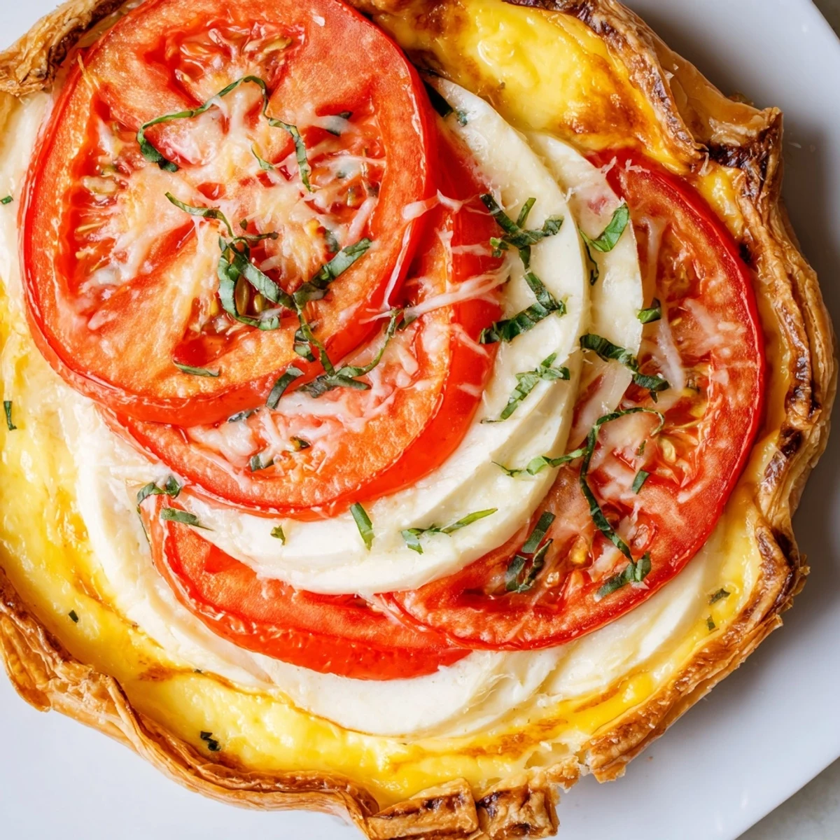 Baked savory tomato basil tart served warm with golden crust and colorful tomato topping