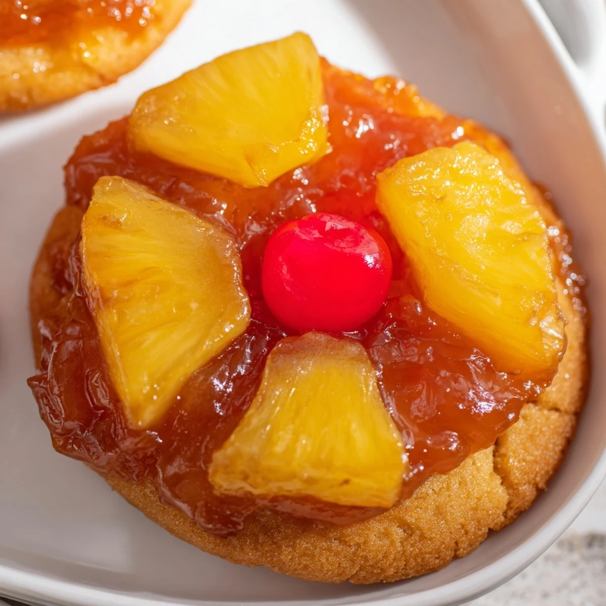 Golden pineapple upside down sugar cookies topped with caramelized fruit and bright red cherries