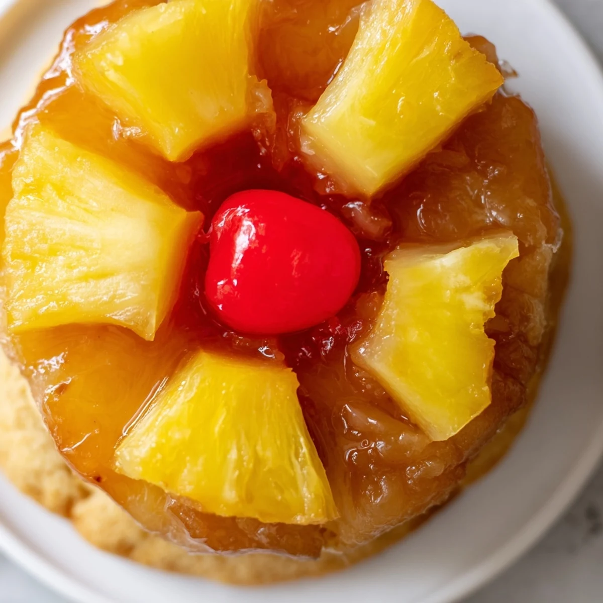 Soft homemade sugar cookies baked with sticky brown sugar pineapple and maraschino cherry topping