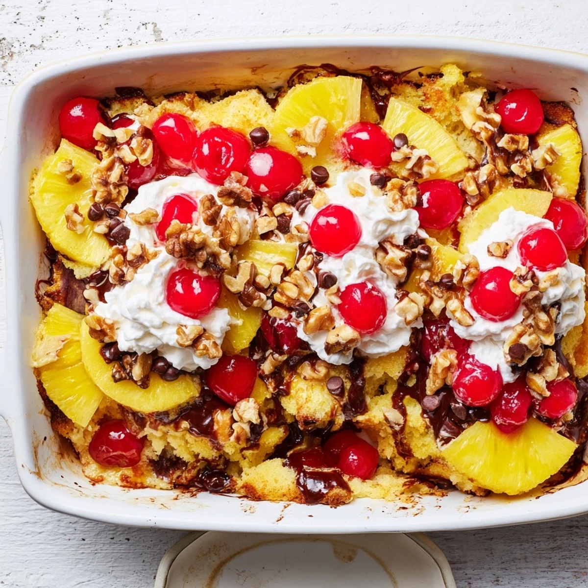 Golden banana split dump cake with melted butter and bubbling fruit layers in a baking dish