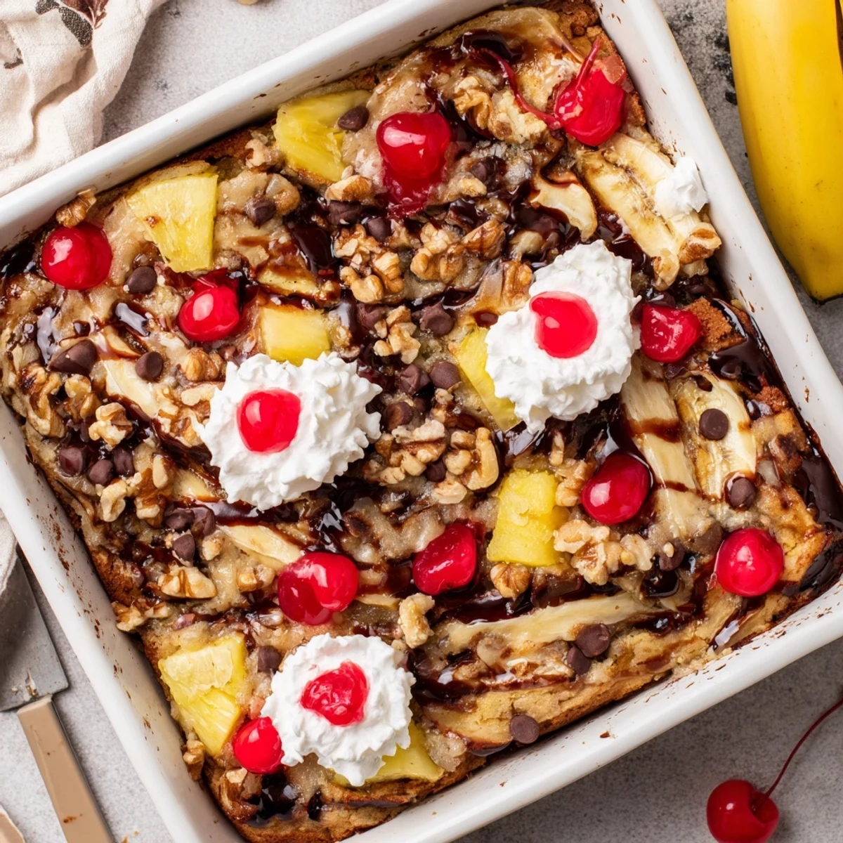 Warm slice of banana split dump cake topped with whipped cream, cherries, and chocolate syrup