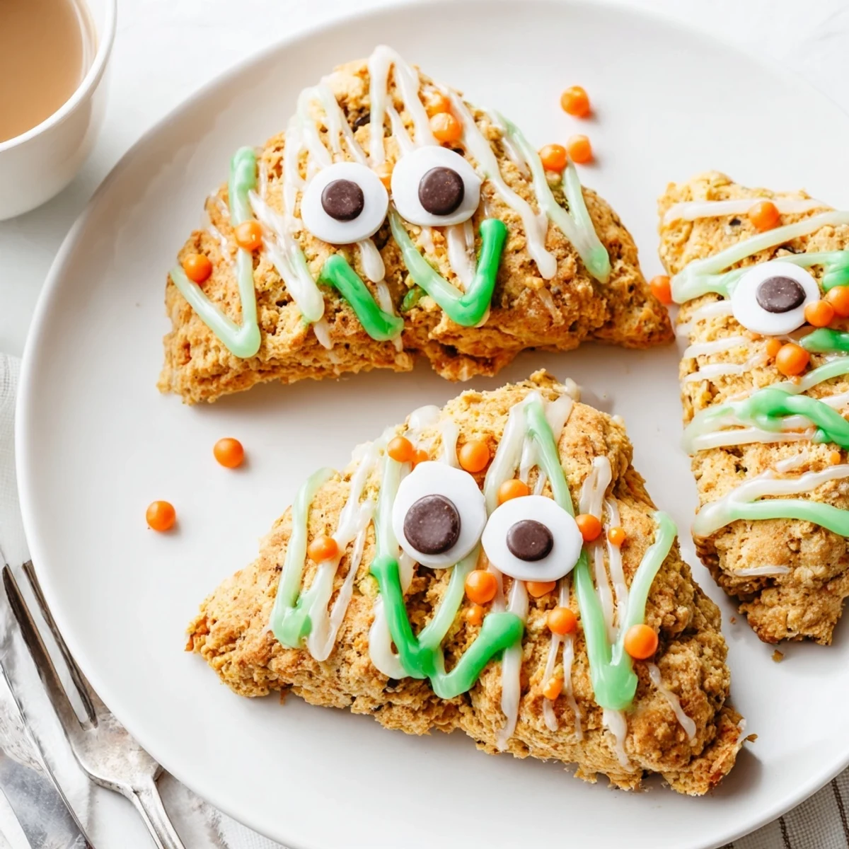 Golden monster face pumpkin scones with colorful glaze and candy eyes on a white plate