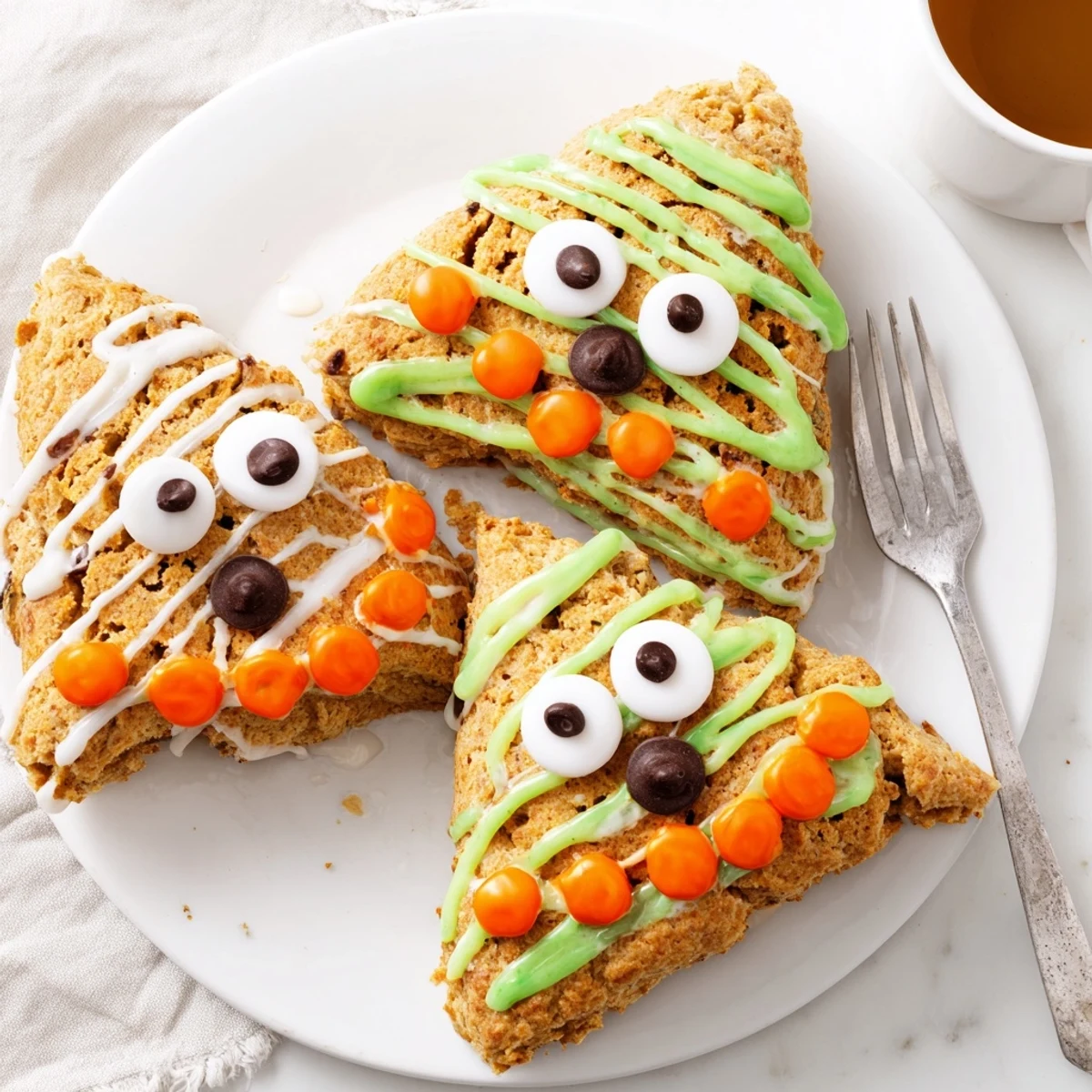 Halloween-themed monster face pumpkin scones topped with vibrant colored icing and candy eyeballs