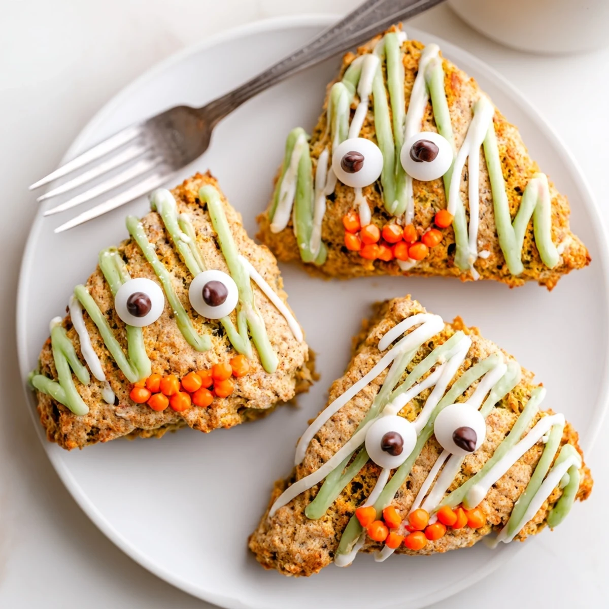 Spiced pumpkin scones decorated with playful monster faces featuring orange glaze and edible decorations