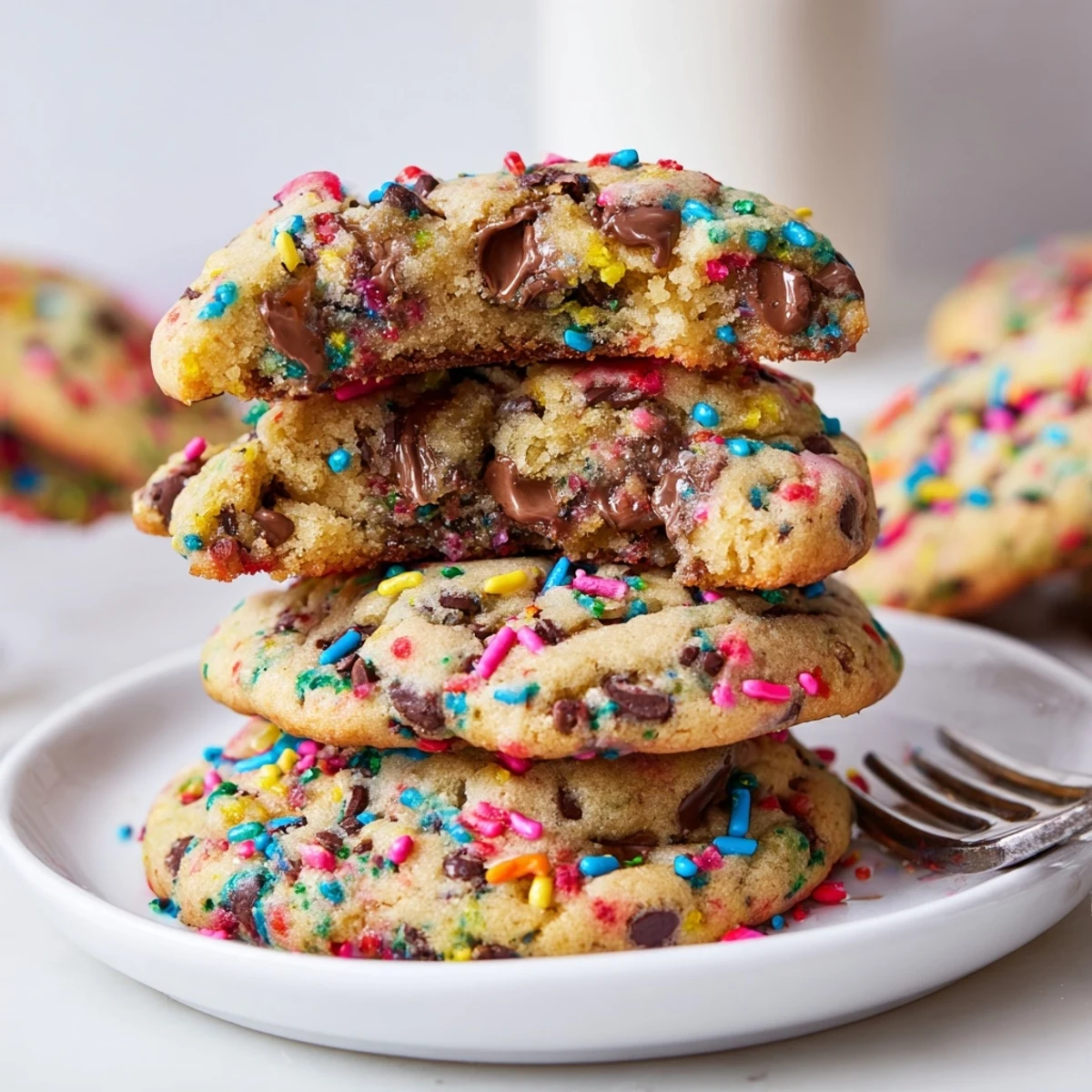 Soft batch chocolate chip sprinkle cookies with gooey melted chocolate and rainbow confetti.