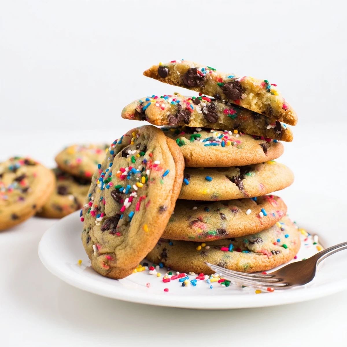 Freshly baked chocolate chip sprinkle cookies stacked on wire rack with colorful speckles.
