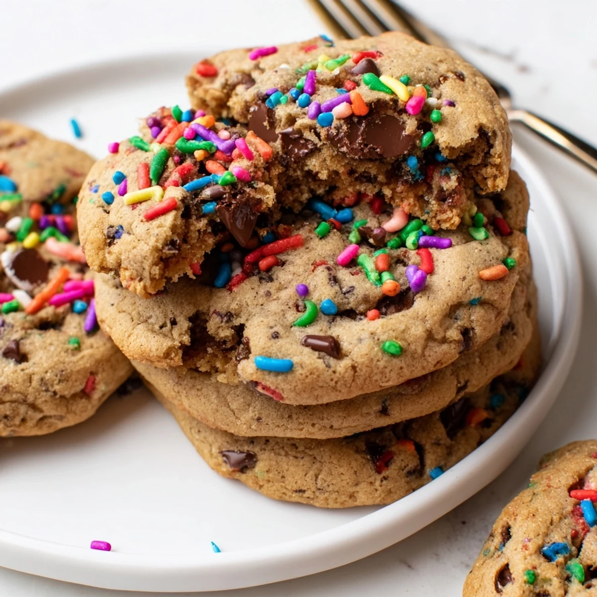Golden chocolate chip sprinkle cookies showcasing chocolate chunks and vibrant rainbow bits.