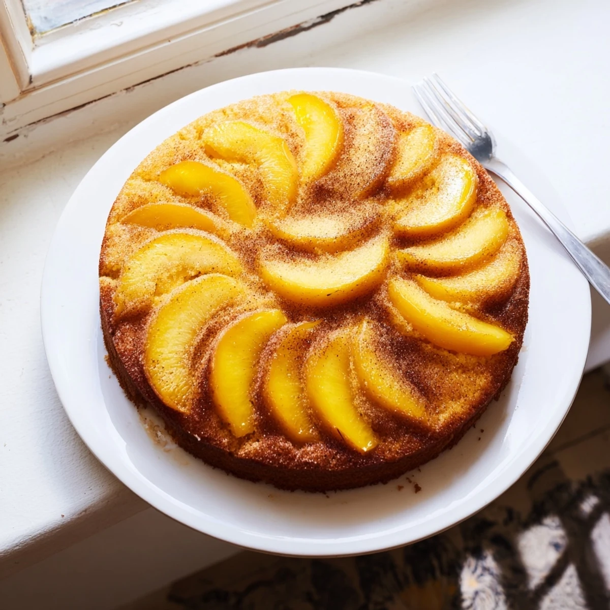 Moist peach cake studded with fresh juicy peaches and dusted with cinnamon sugar