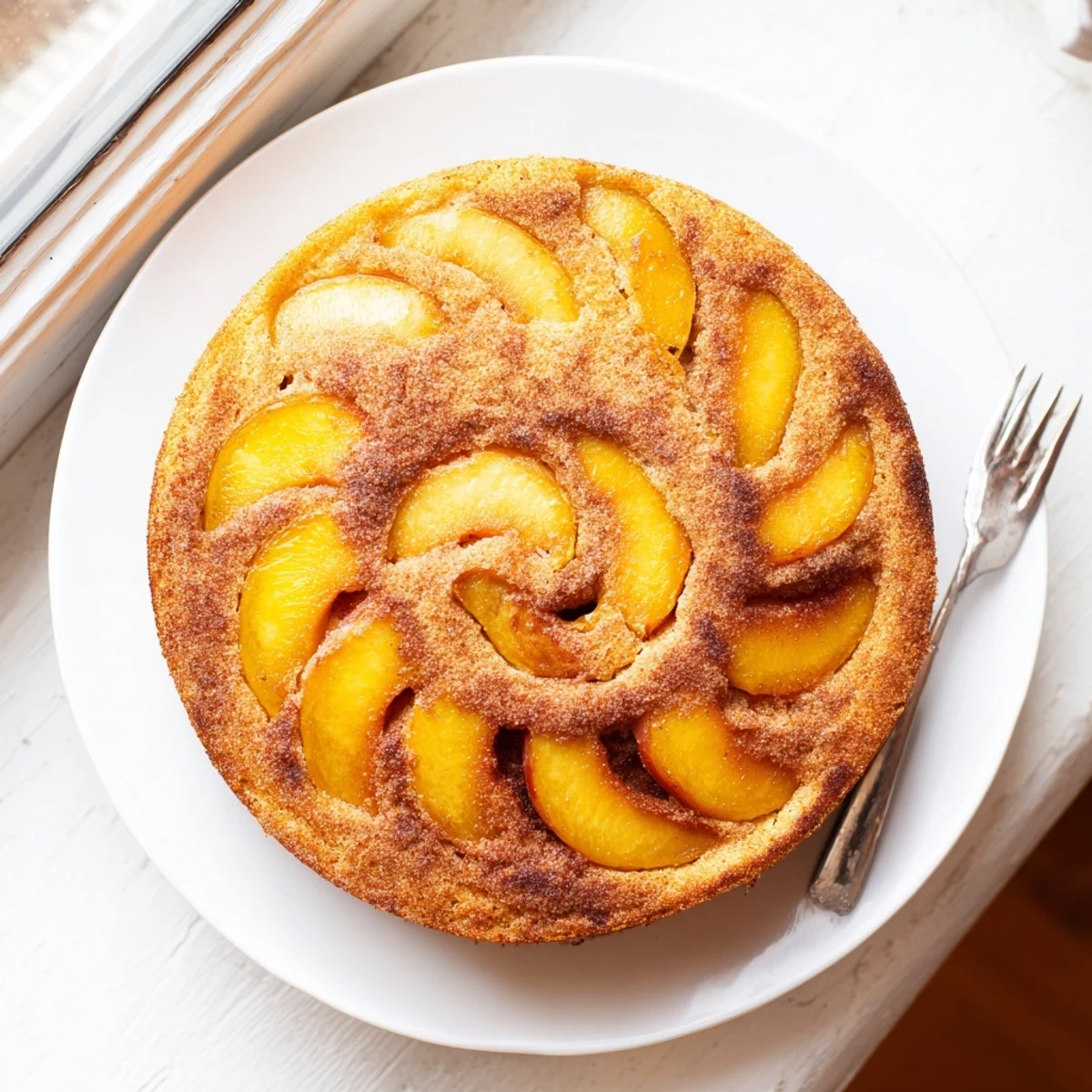 Golden summer peach cake with cinnamon-sugared peach slices arranged on top