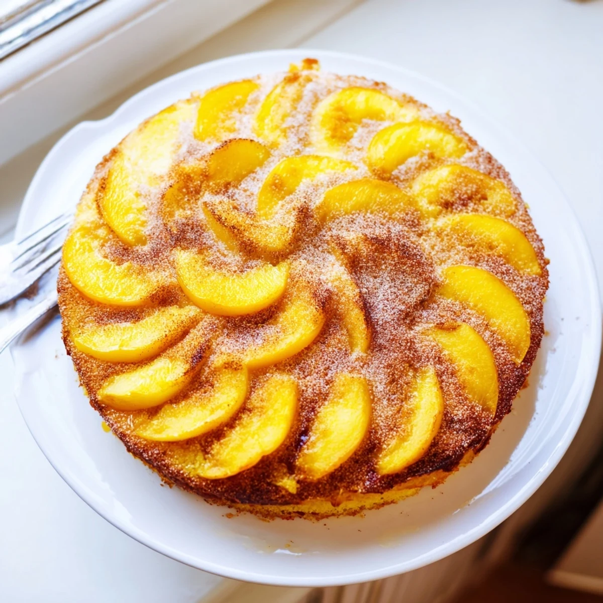 Slice of tender summer peach cake topped with ripe peach wedges and vanilla whipped cream