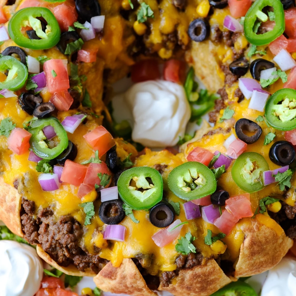 Golden Bundt pan nachos topped with melted cheddar and Monterey Jack cheese, garnished with fresh cilantro