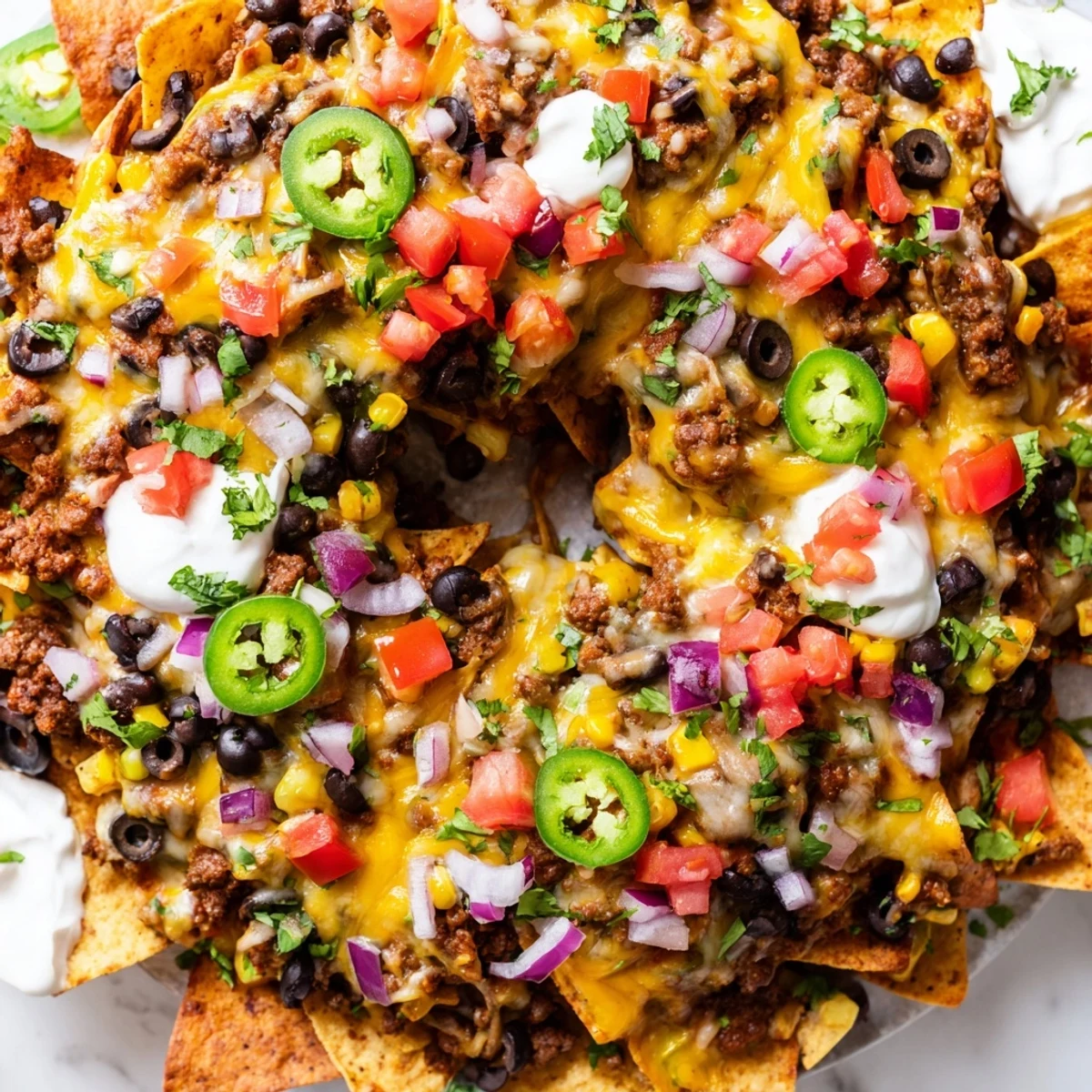 Crispy tortilla chip ring layered with seasoned beef, beans, corn, and bubbling cheese baked in a bundt pan