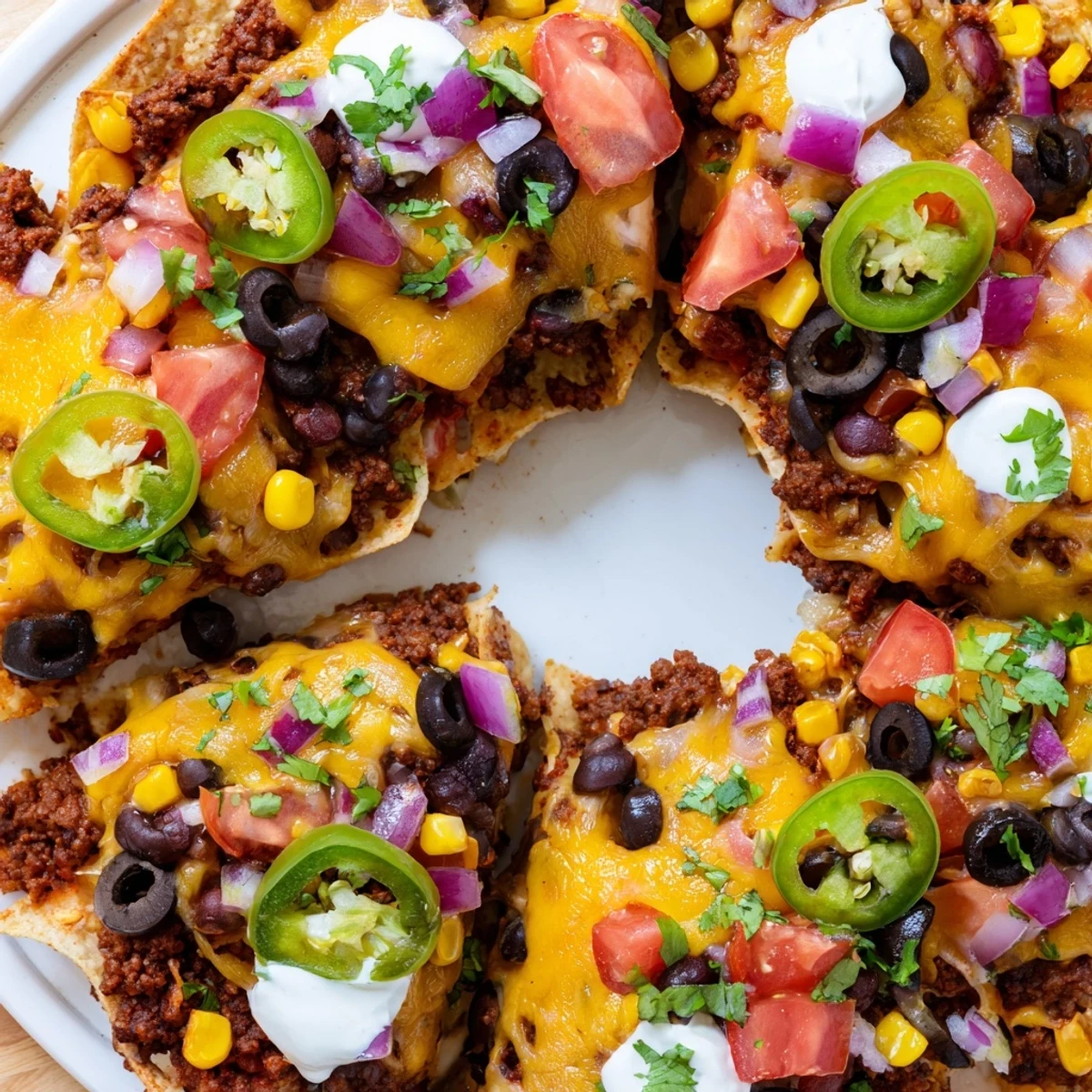 Pull-apart party appetizer featuring stacked nachos in a circular mold, served with guacamole, sour cream, and salsa