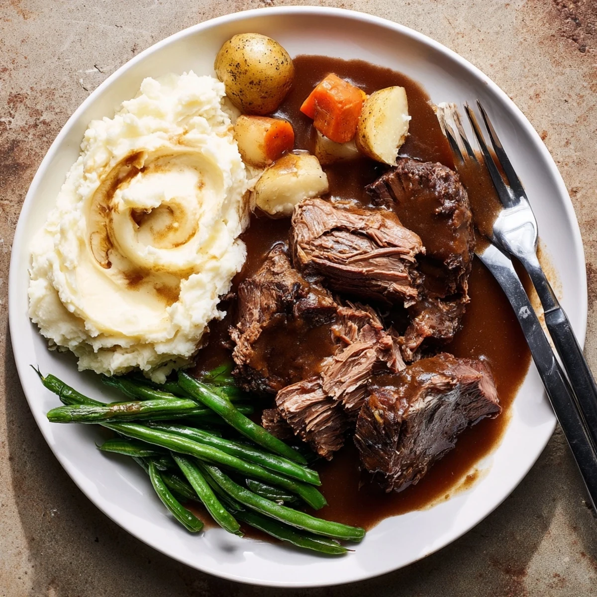 Slow-cooked Southern style pot roast surrounded by carrots and potatoes on a white dinner plate with savory brown sauce