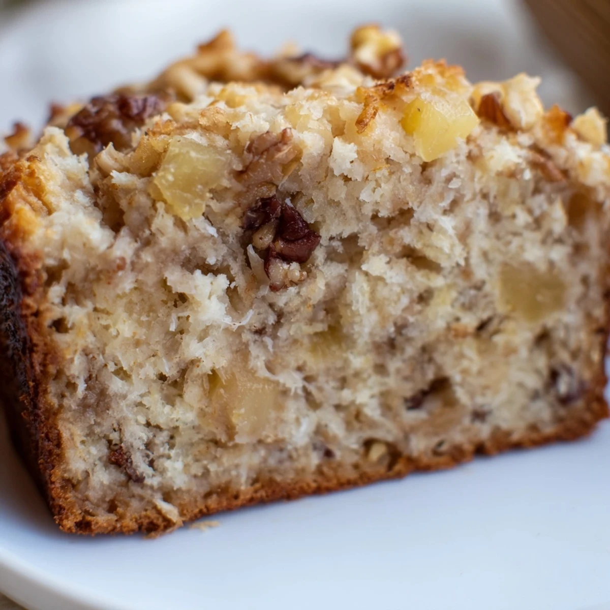 Golden coconut pineapple banana bread loaf topped with shredded coconut and sliced on a wooden board