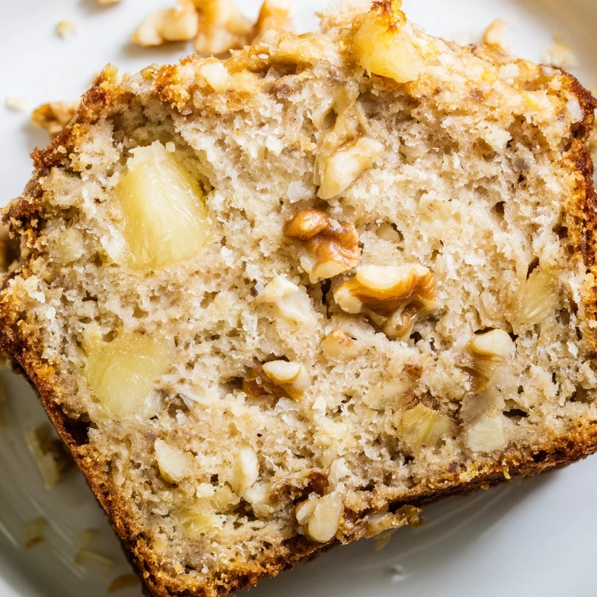 Moist tropical banana bread studded with pineapple chunks and toasted coconut, perfect for breakfast or snacking