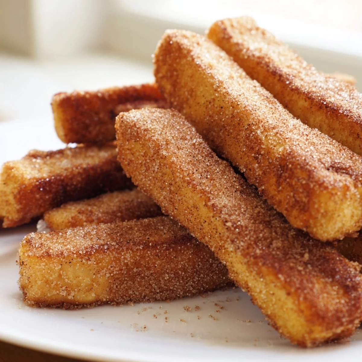 Golden cinnamon French toast sticks arranged on a white plate with maple syrup drizzle