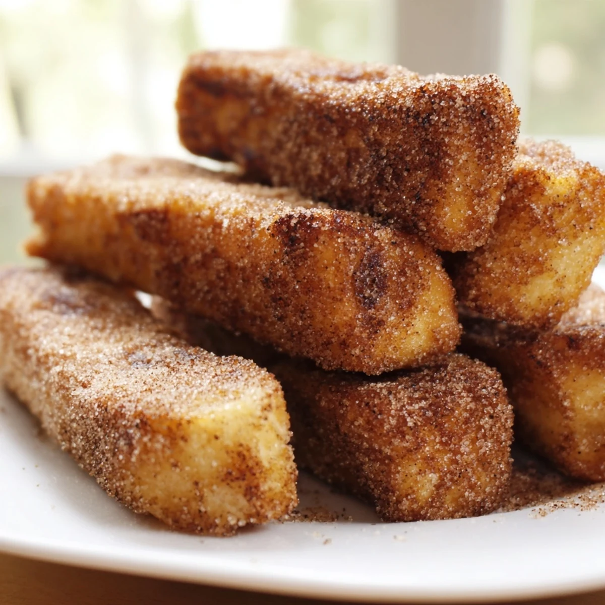 Crispy cinnamon French toast sticks coated in sparkling sugar ready for warm maple dipping