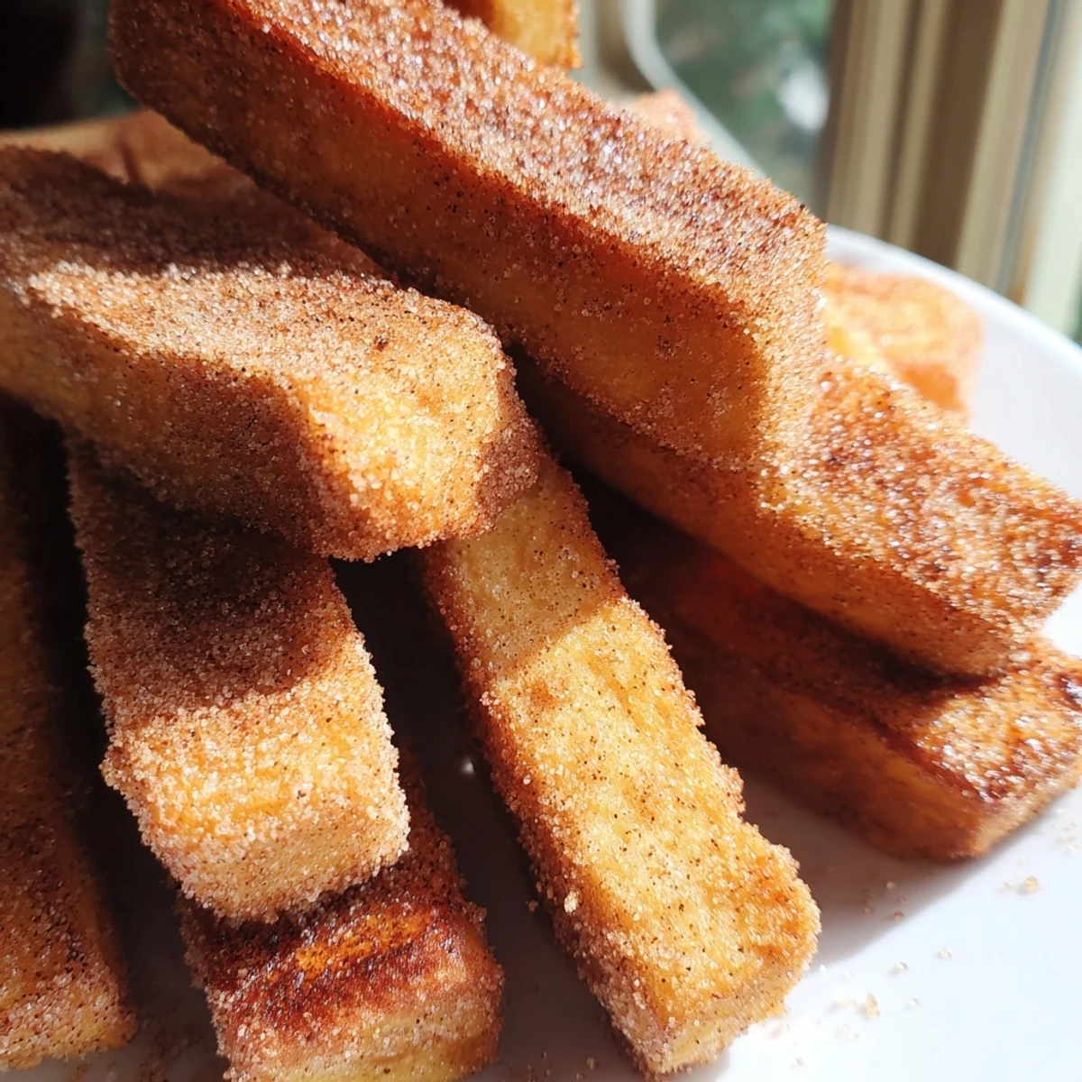 Fluffy cinnamon French toast sticks stacked high with a side of dark maple syrup