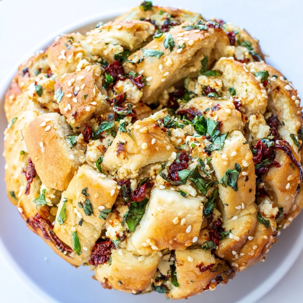 Soft pull-apart bread revealing layers of Mediterranean filling including tangy feta and Kalamata olives