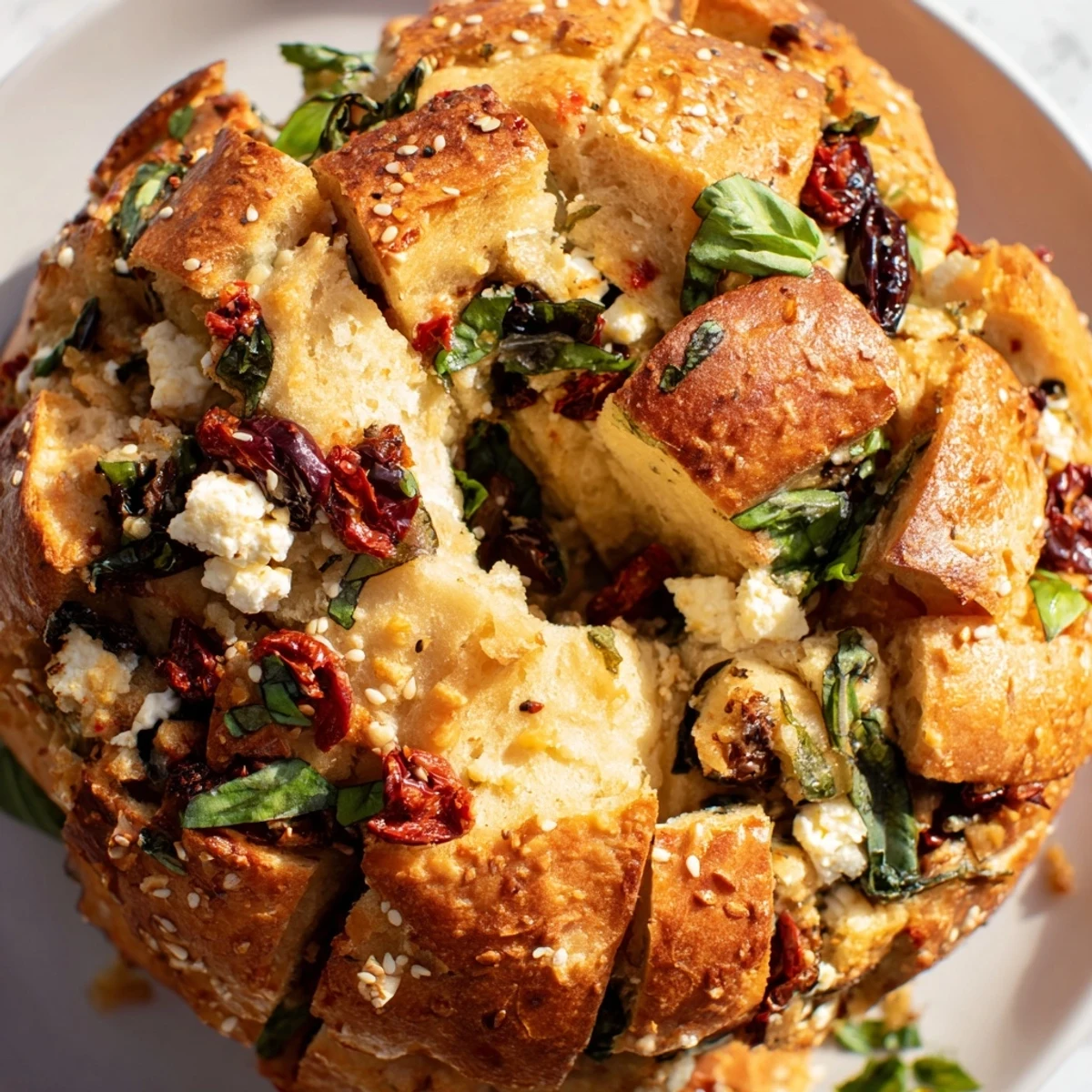 Golden Mediterranean pull-apart bread stuffed with feta, olives, sun-dried tomatoes, and fresh herbs