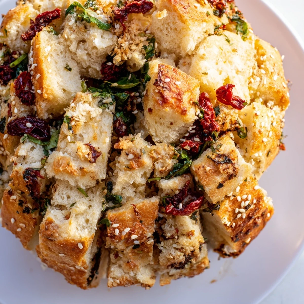 Warm Mediterranean pull-apart bread with savory cheese and herb filling, sprinkled with sesame seeds