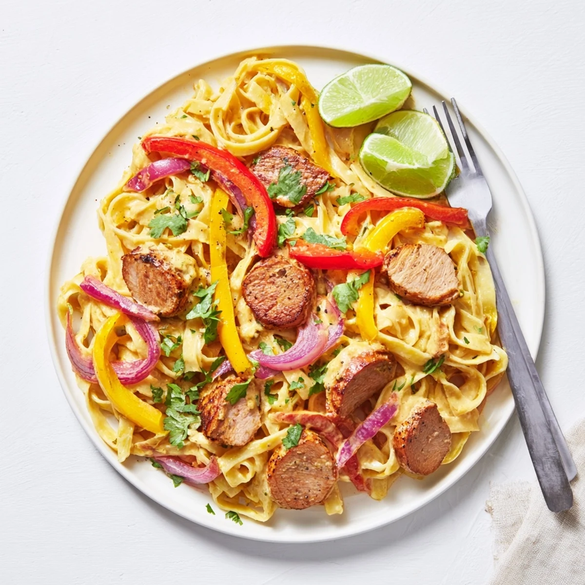 Creamy Southwest chicken Alfredo pasta topped with sliced seasoned chicken, colorful bell peppers, and fresh cilantro garnish in a white bowl