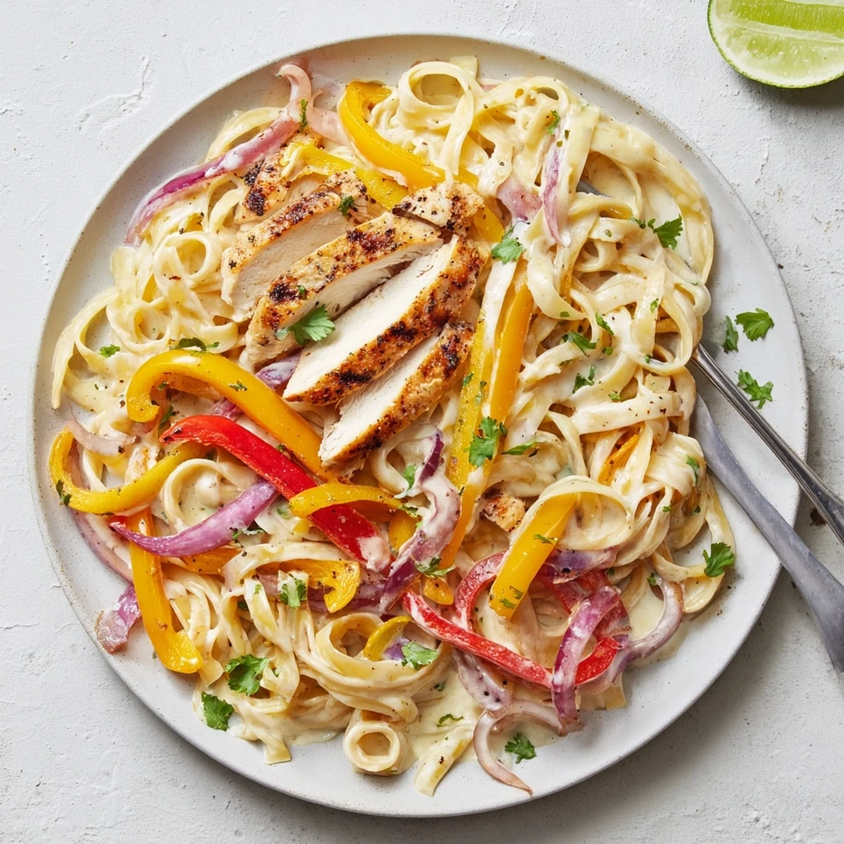 Southwest chicken Alfredo featuring fettuccine coated in spicy parmesan cream sauce with sautéed vegetables and lime wedges on a rustic wooden table