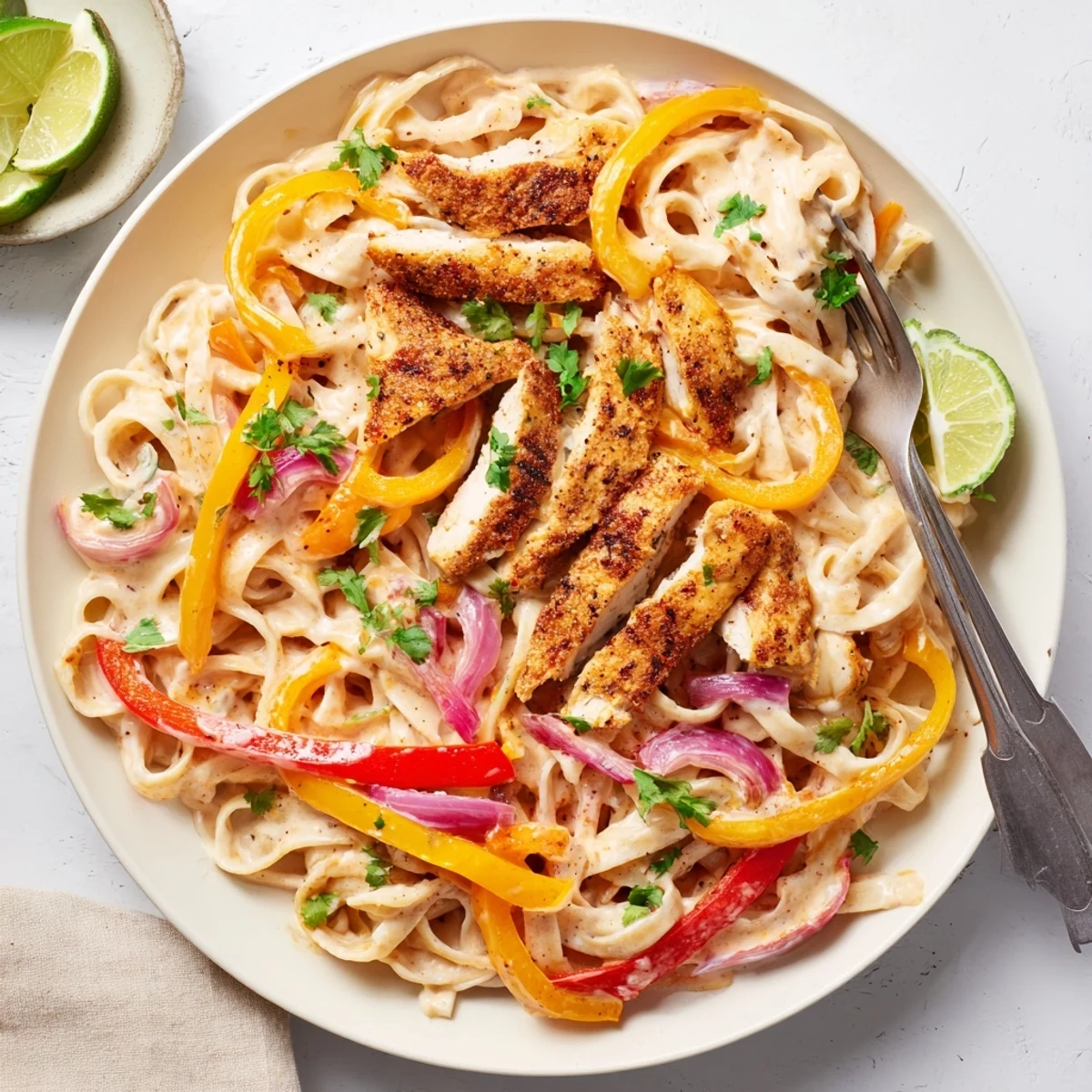 Steaming plate of Southwest chicken Alfredo with charred spice-rubbed chicken slices, red and yellow peppers, and chopped cilantro over creamy pasta