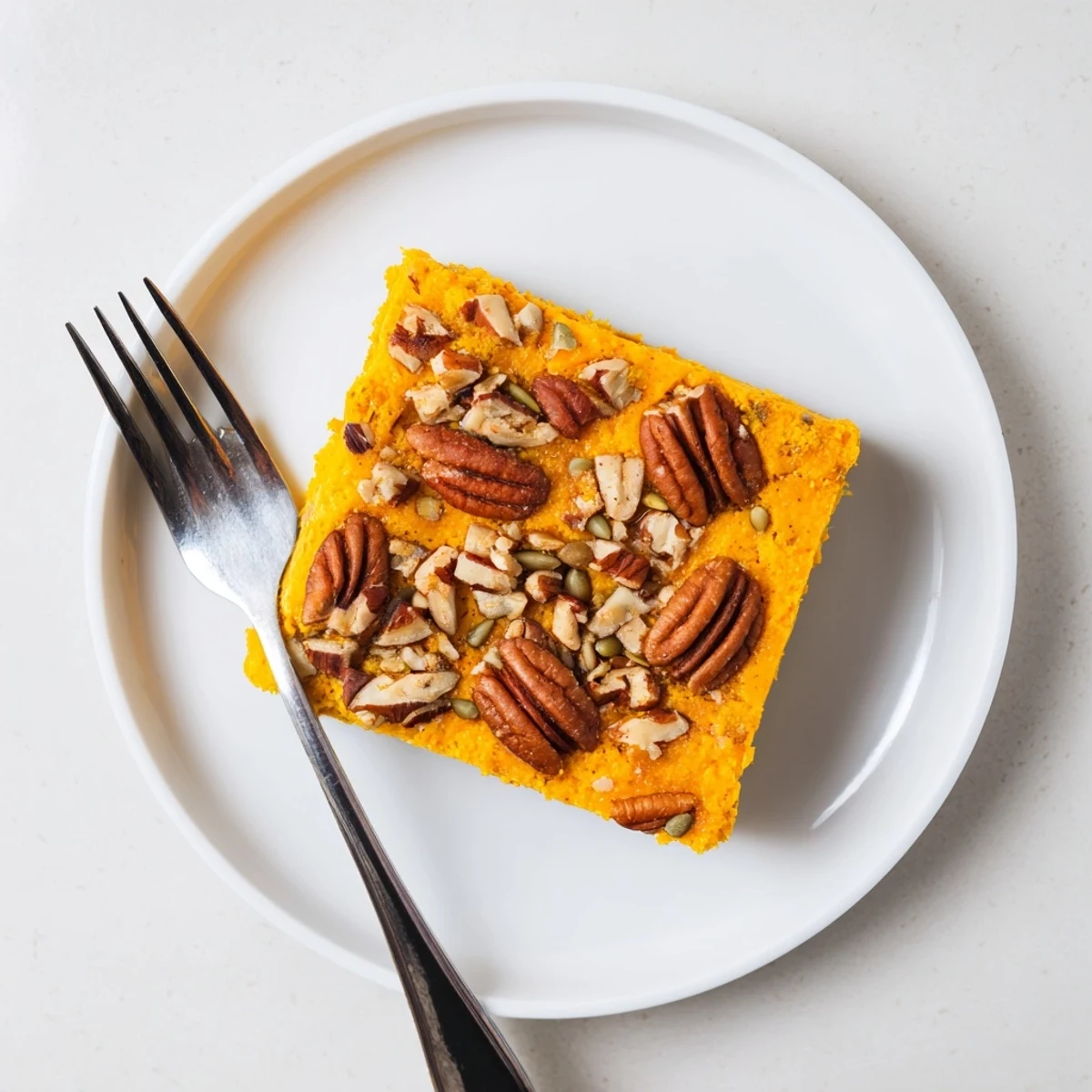 Golden high protein cottage cheese pumpkin bake with spiced cinnamon topping and pecans