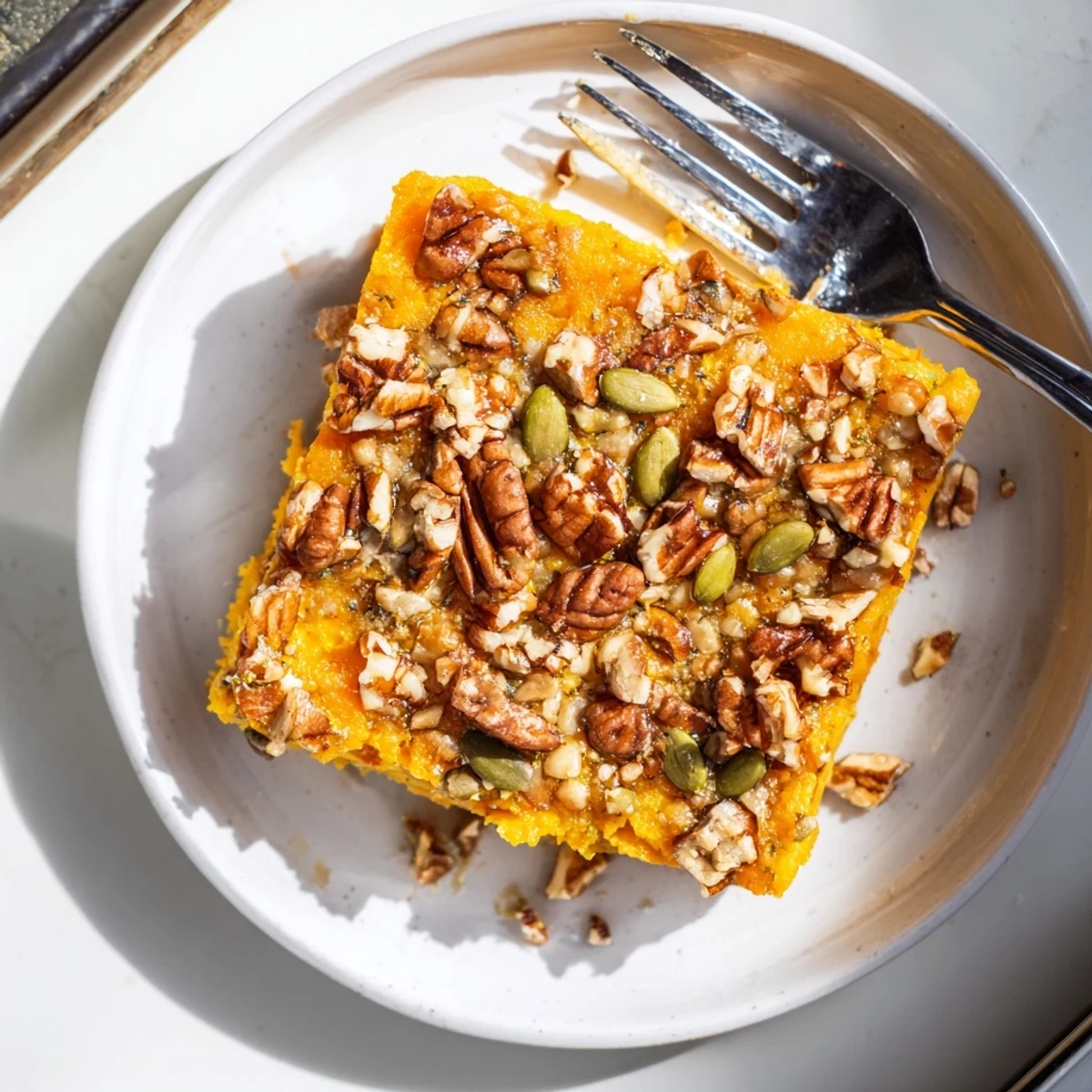 Creamy pumpkin cottage cheese bake served warm with maple drizzle and pumpkin seeds
