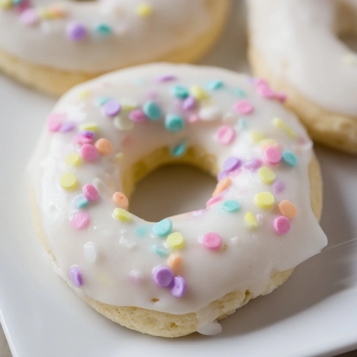 Soft Italian Easter cookies topped with white icing and colorful pastel sprinkles