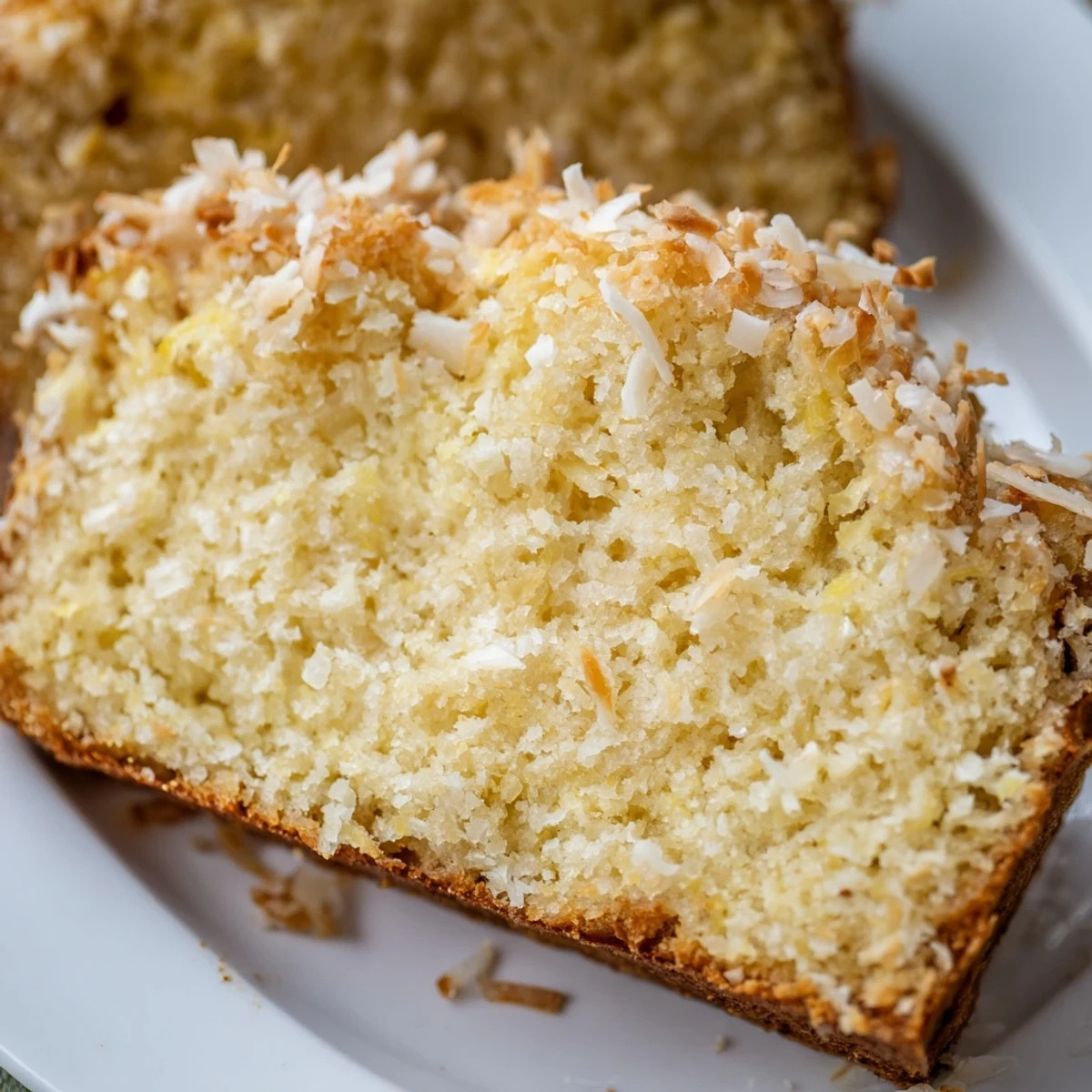 Golden brown pineapple coconut bread loaf with visible shredded coconut and pineapple chunks throughout