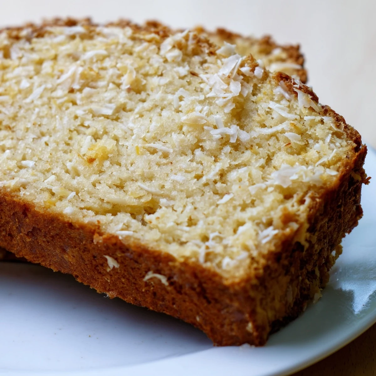 Moist tropical quick bread slice topped with butter and coconut flakes on a white plate