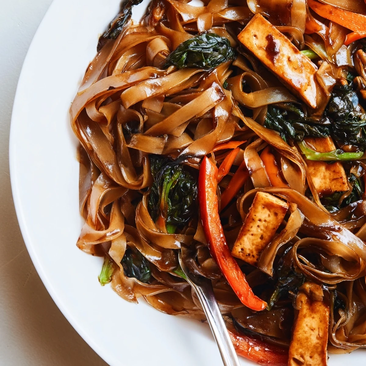 Steaming plate of Vegan Pad See Ew showcasing tender wide noodles, colorful bell peppers, carrots, and protein-rich tofu strips