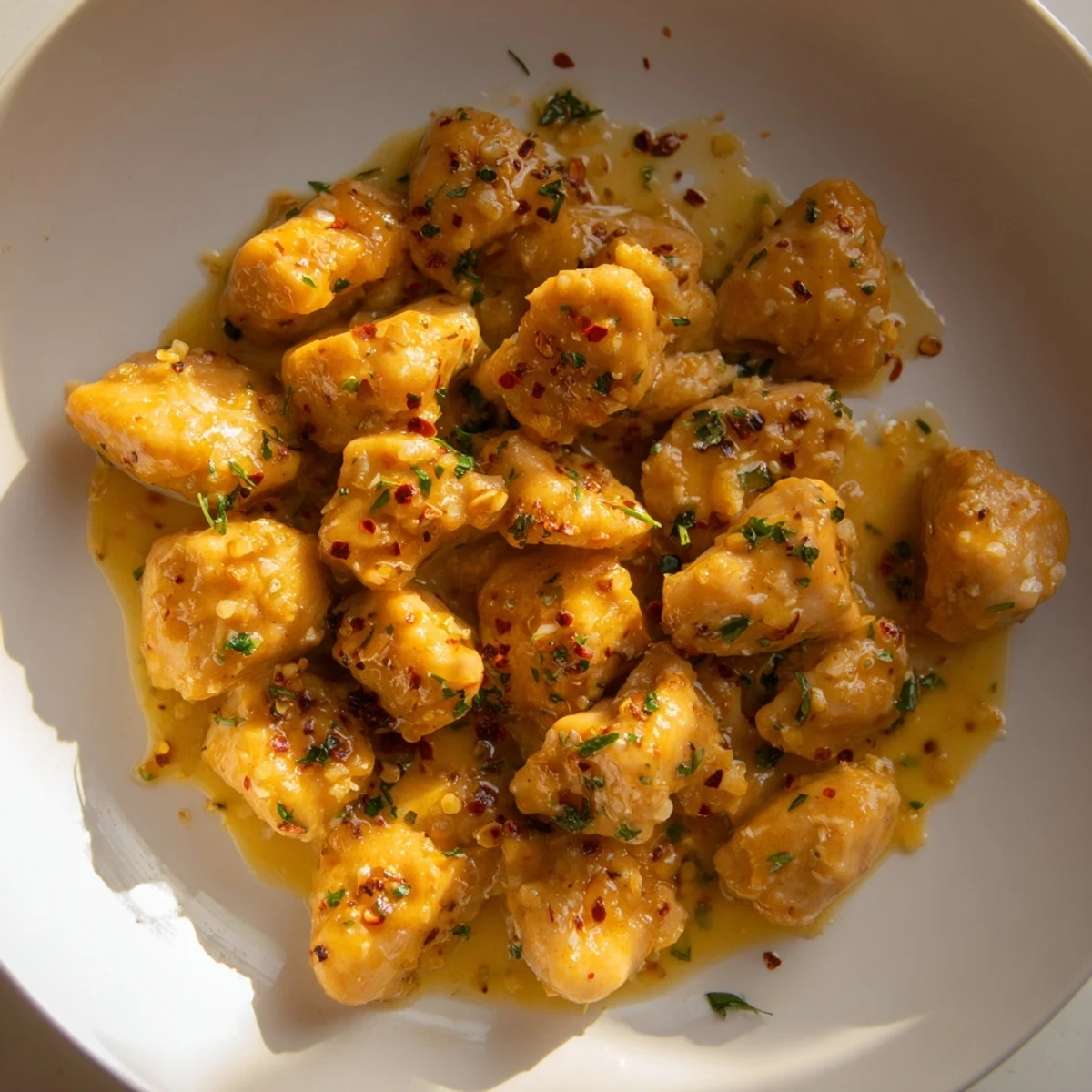 Golden garlic butter chicken crockpot dish garnished with fresh parsley and lemon wedges