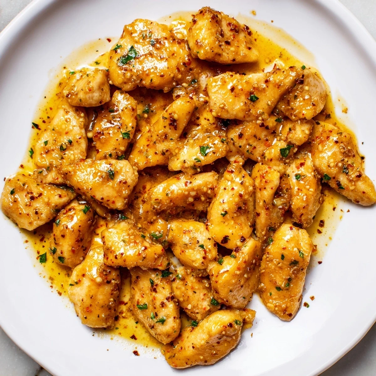 Tender slow cooked chicken breasts swimming in rich savory garlic butter sauce on white plate