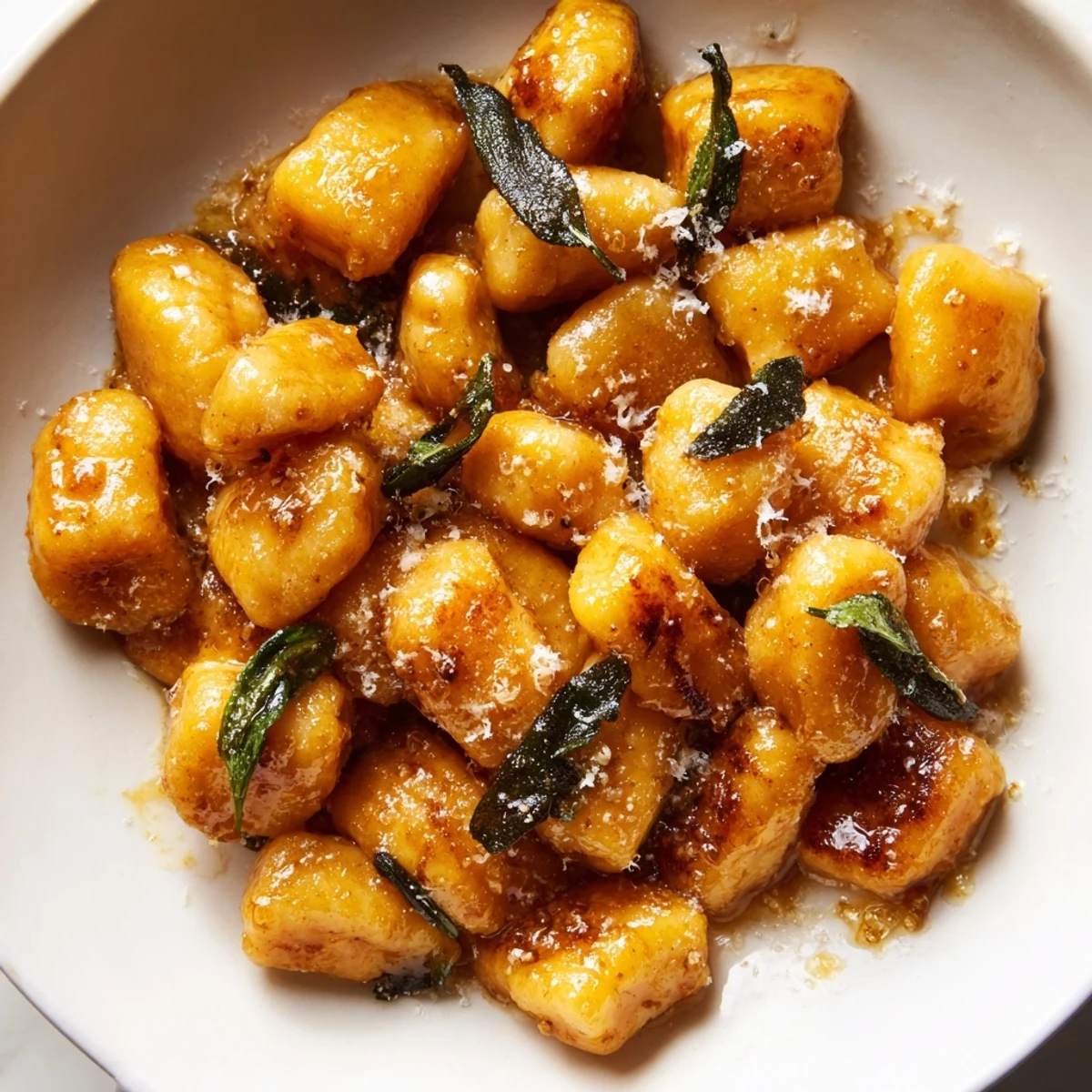 Golden brown butter sage gnocchi topped with crispy fried sage leaves and grated Parmesan cheese