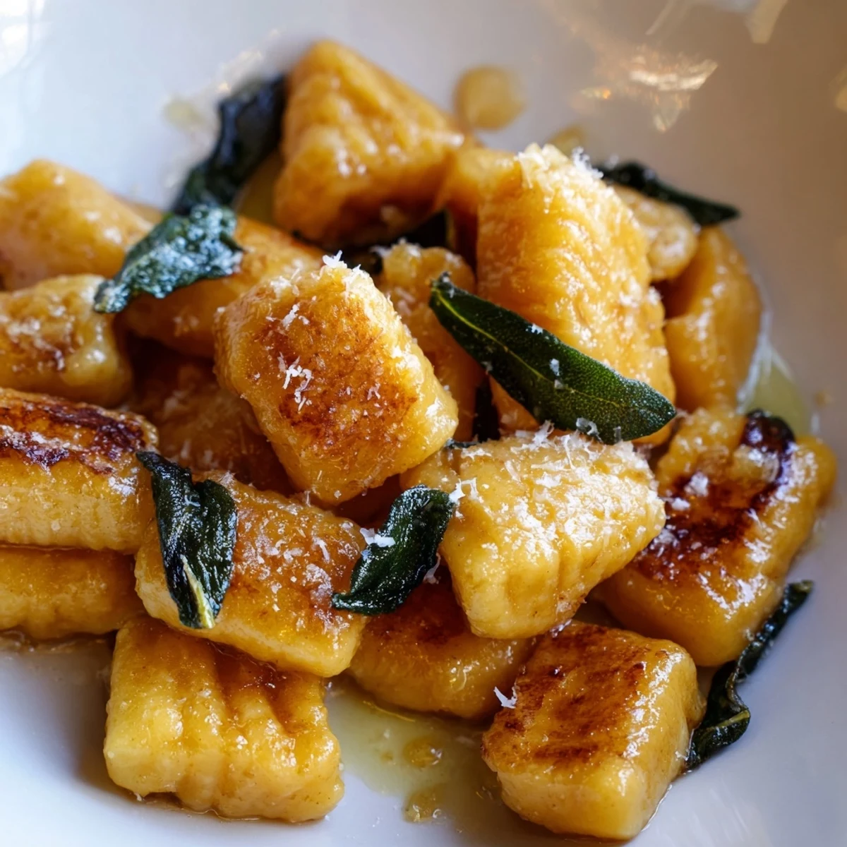 Italian style brown butter sage gnocchi garnished with crispy sage and Parmesan cheese shavings