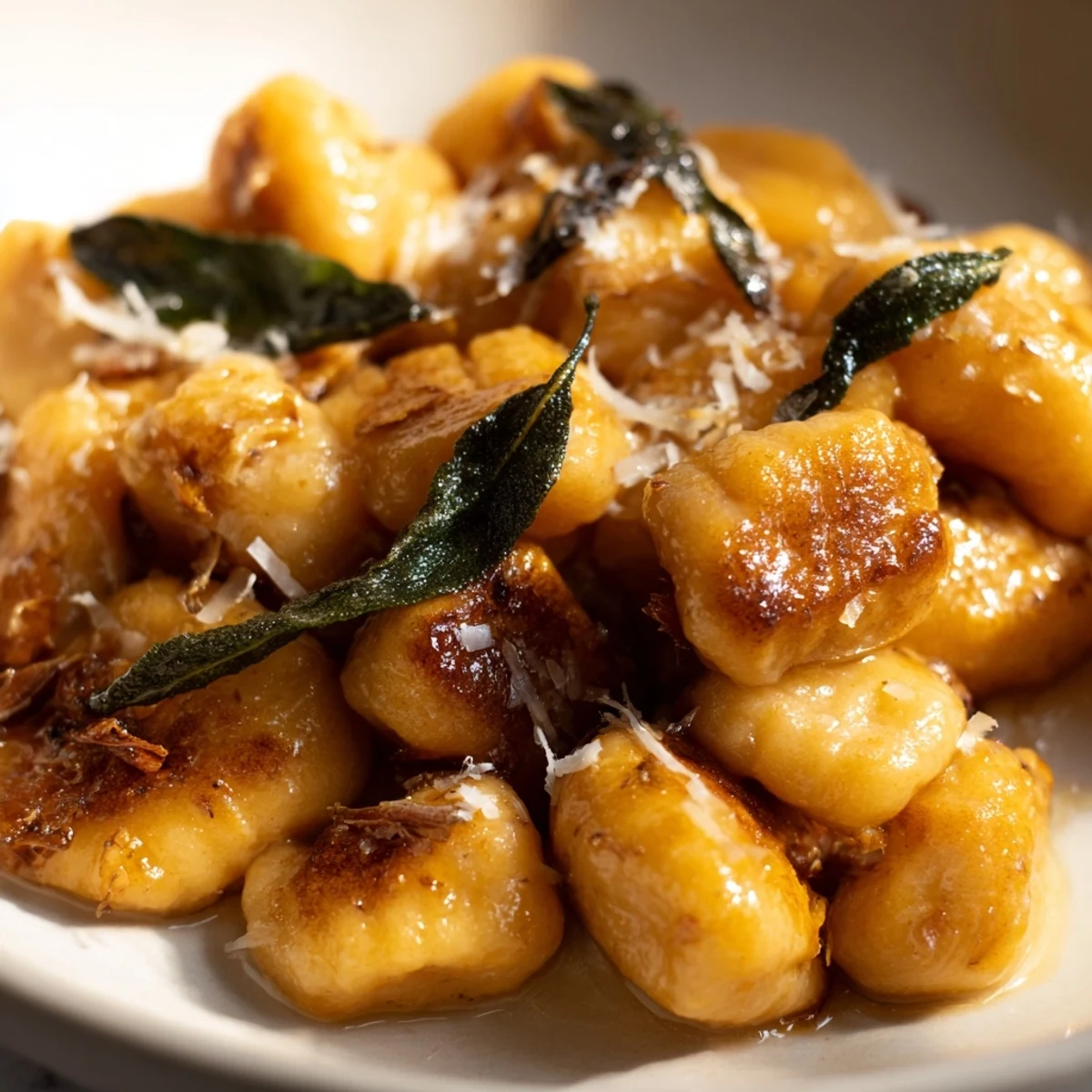 Plate of fluffy potato gnocchi coated in nutty brown butter sauce with aromatic fresh sage