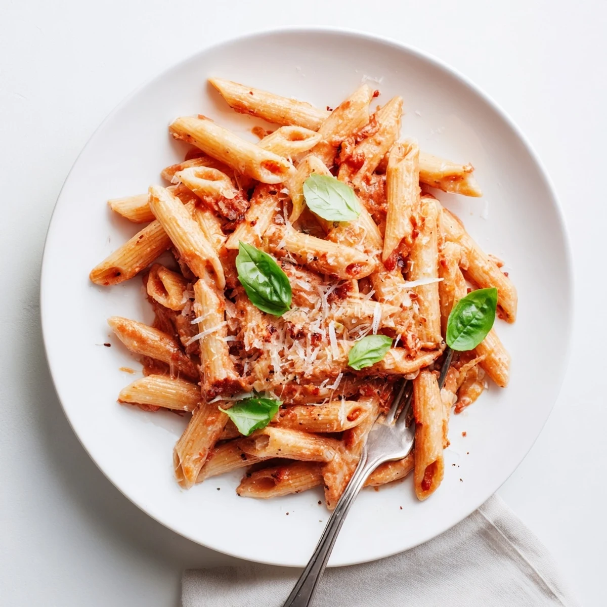 Creamy tomato garlic pasta tossed in velvety sauce with fresh basil and Parmesan