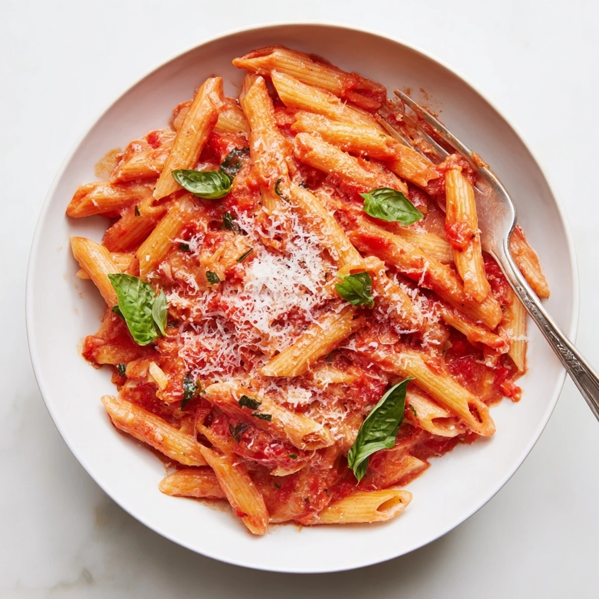 Steaming bowl of creamy tomato garlic pasta coated in rich red cream sauce