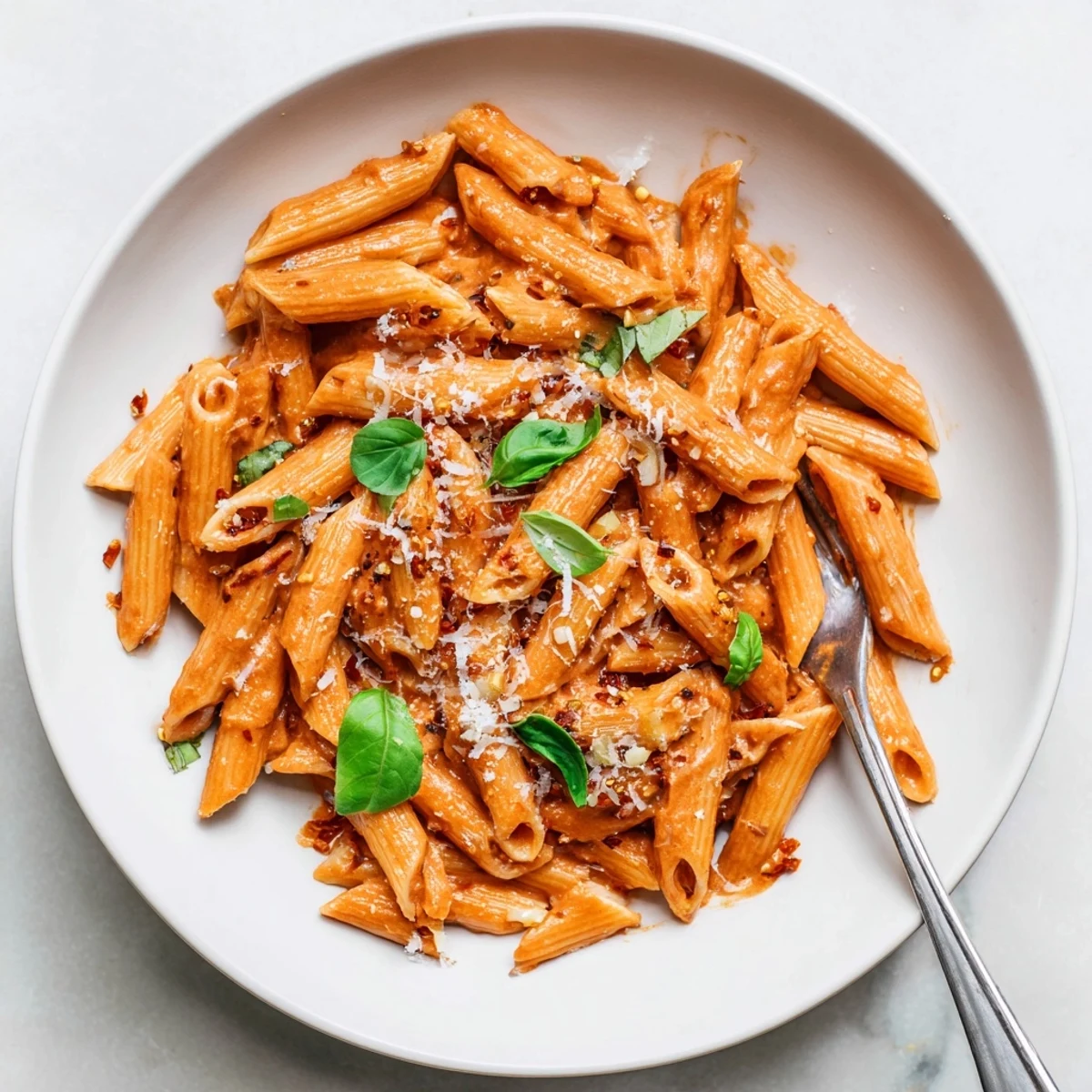 Al dente pasta swirled with creamy tomato garlic sauce and garnished with fresh basil