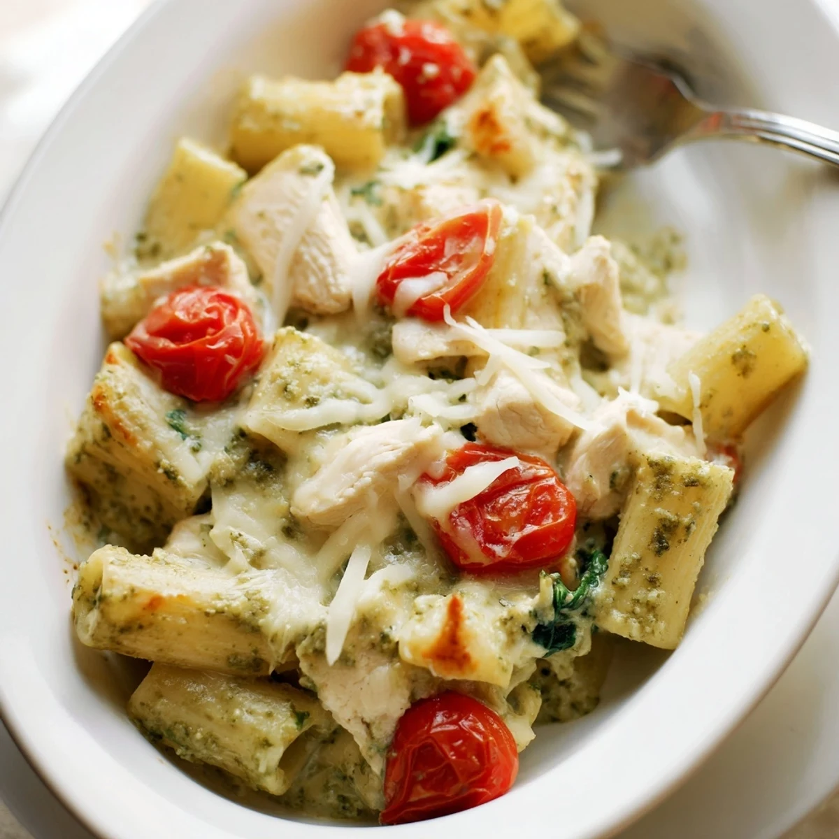 Golden melted mozzarella tops this creamy pesto chicken pasta bake fresh from the oven