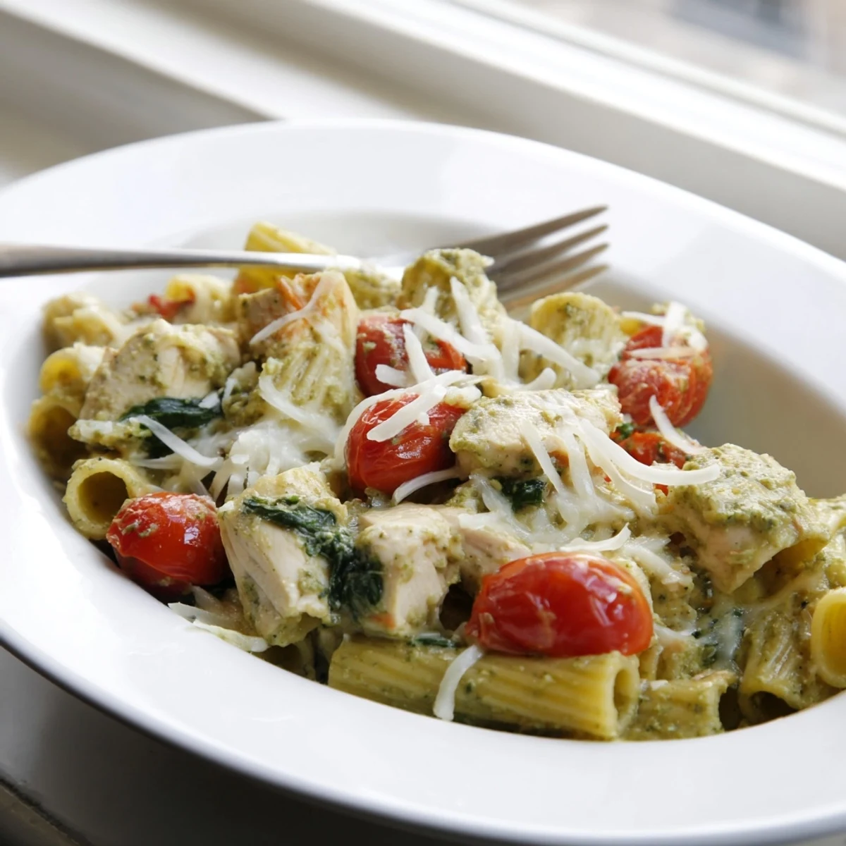 Tender chicken and al dente pasta swim in rich basil pesto cream sauce under bubbling cheese