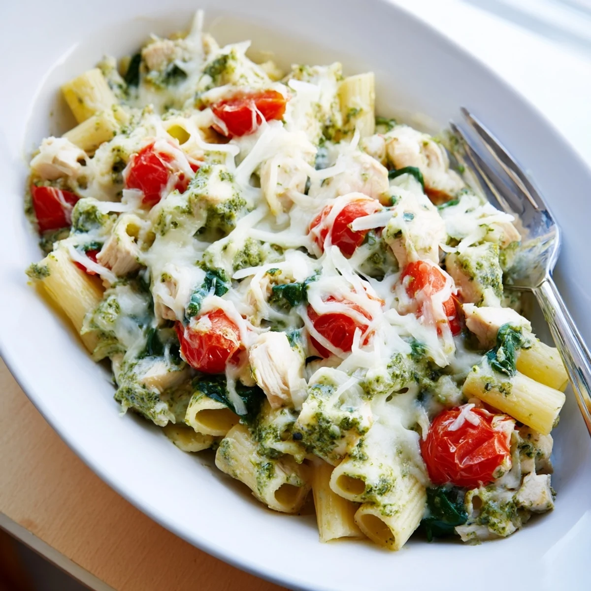 Oven-baked creamy pesto chicken pasta with cherry tomatoes and spinach garnished with melted Parmesan