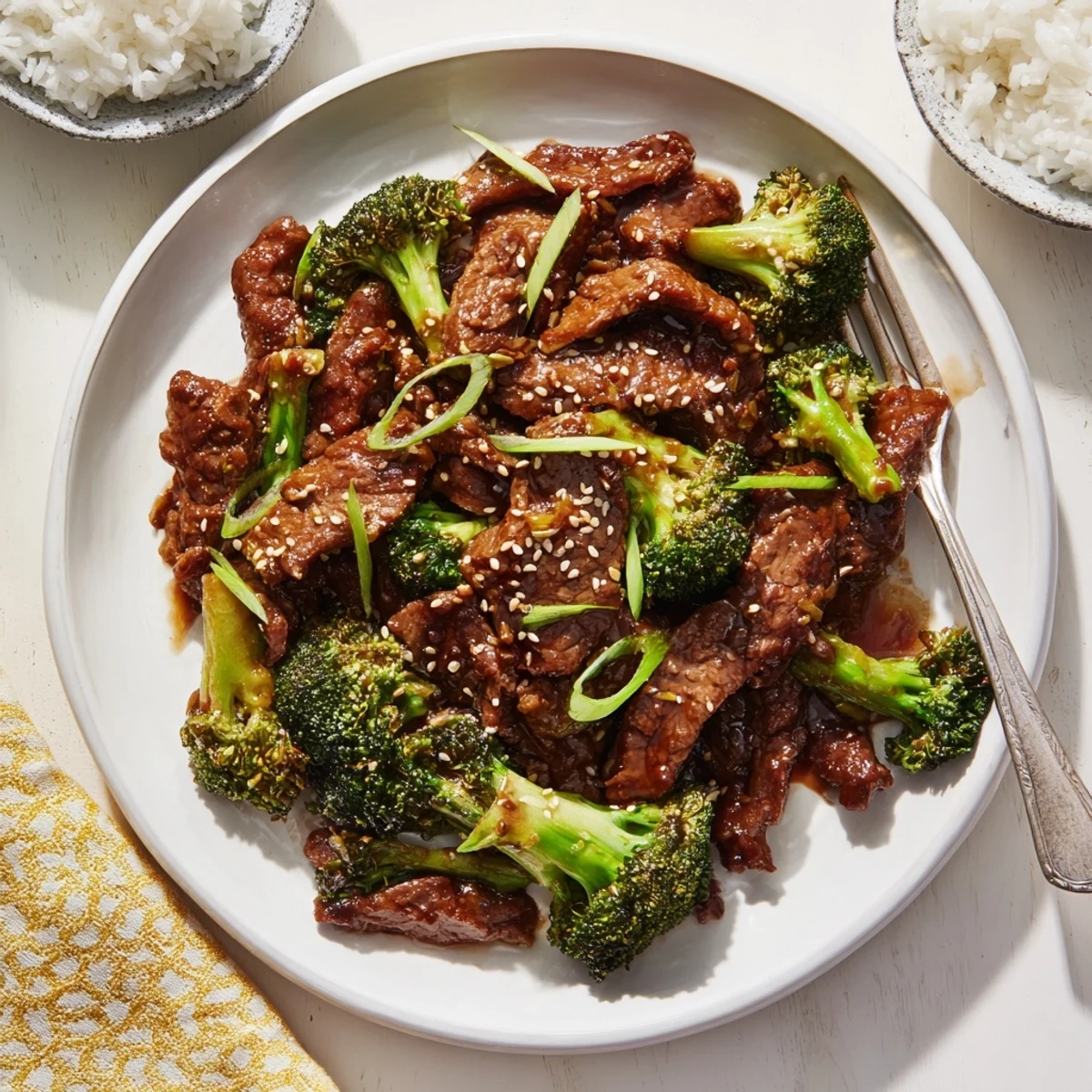 Savory Instant Pot beef and broccoli served over steamed white rice and garnished with fresh sliced green onions